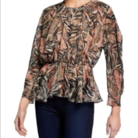 NWT IRO Peach/Black Sheer Print Peplum Dressy Fancy Work Sexy Blouse 10 - Picture 1 of 8